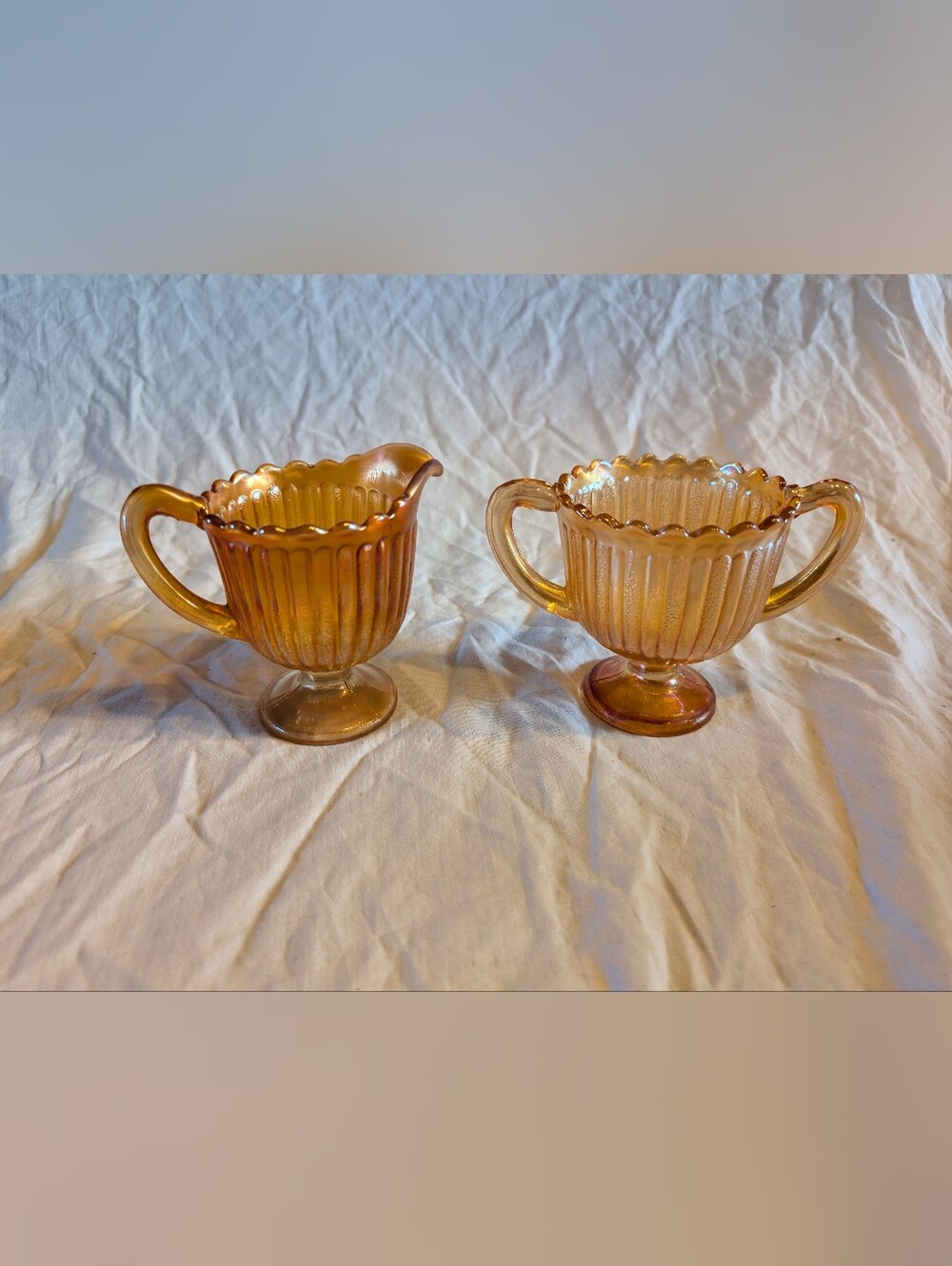 2/80$ Vintage Amber Iridescent Glass Creamer and Sugar